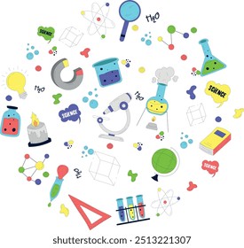 science doodles set, cartoon elements, clip art isolated on white background for stickers, planners, scrapbooking, stationary, prints
