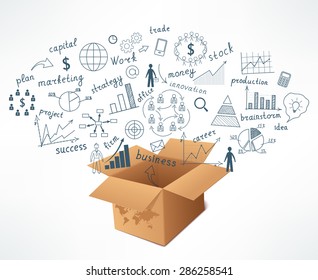 Science doodles.Creative drawing world map, graphs and charts business strategy plan concept idea  on the fly from a cardboard box. Vector illustration modern template design