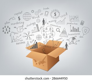 Science doodles.Creative drawing world map, graphs and charts business strategy plan concept idea on the fly from a cardboard box. Vector illustration modern template design
