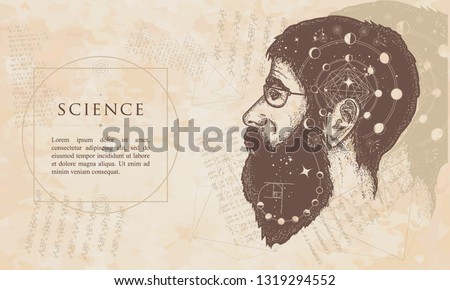 Science. Double exposure portrait of scientist. Renaissance background. Medieval manuscript, engraving art 