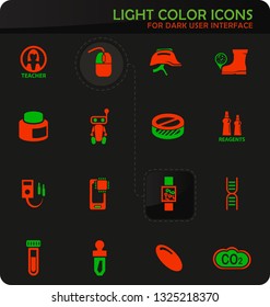 Science easy color vector icons on dark background for user interface design