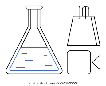 Ciencia, comercio electrónico, diseño multimedia, herramientas de laboratorio, conceptos de embalaje y diseño de interfaz de usuario. Matraz de laboratorio con líquido, bolsa de la compra y Formas multimedia. Ciencia y comercio electrónico