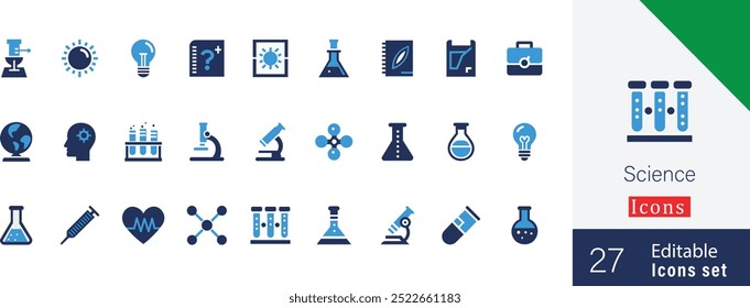 Science editable flat vector icon illustration set. with chemistry illustrations, light bulb, energy, earth, globe,  telescope, microscope, bacteria and more solid icons