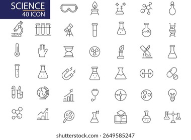 Science Editable Icons set. Set of vector line icons related to science lab equipment, chemistry and medicine. Set of science related line icons. 