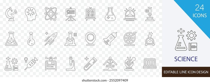 Conjunto de ícones de linha editável de ciência. contendo tecnologia, pesquisa, biologia, engenharia, dados, análise, laboratório, microscópio e mais projeto de traçado