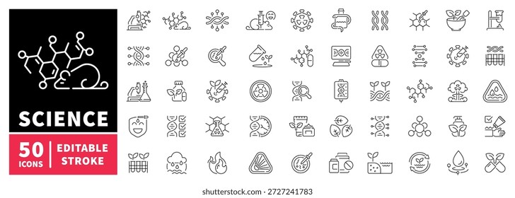 Conjunto de iconos de línea editables de Ciencia: símbolos de química y biología en estilo de esquema