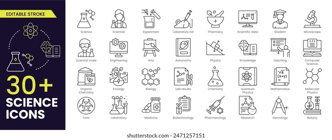 Science Editable Stroke Icon. Containing biology, laboratory, experiment, scientist, research, physics, chemistry and more icons. Science education symbol. Editable Outline icon.