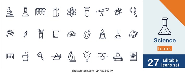 Science Editable Stroke Icon. Containing biology, laboratory, experiment, scientist, research, physics, chemistry and more icons. Science education symbol. Editable Outline icon