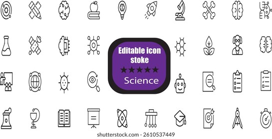 Science Editable Stroke Icon. Containing biology, laboratory, experiment, scientist, research, physics, chemistry and more icons
