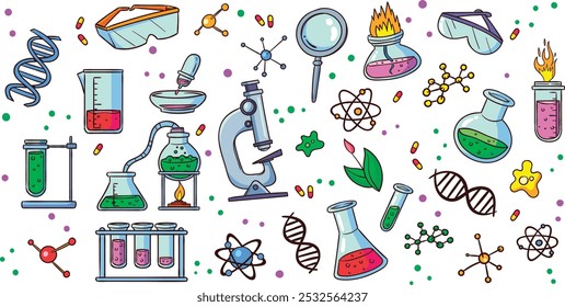 Wissenschaft Bearbeitbares Strichsymbol. Enthält Biologie, Labor, Experiment, Wissenschaftler, Forschung, Physik, Chemie und mehr Icons. Ikone der naturwissenschaftlichen Bildung. Symbol für bearbeitbare Gliederung