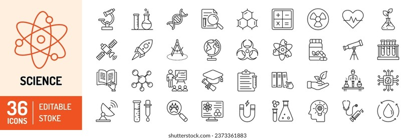 Science editable stroke outline Icons set. Laboratory, research, scientist, physics, chemistry, biology, experiment and telescope. Vector Illustration.