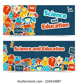 Science and education areas colored paper stickers set on blue background horizontal banner set isolated vector illustration