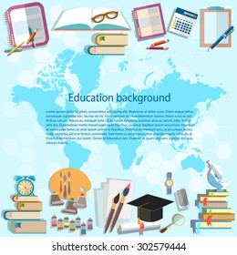 Science and education back to school world map online examinations student subjects university college math physics algebra geometry vector background  