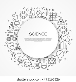 Science Education Background with Round Frame and Linear Modern Icons. Vector illustration. Scientific Research, Chemical Experiment Signs