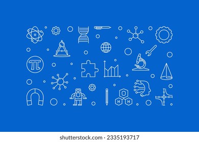Science Education blue thin line horizontal banner. Science concept linear illustration