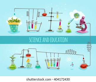 Science and education college school biochemical lab research equipment 2 flat banners horizontal composition abstract vector illustration 