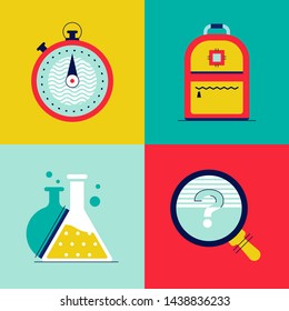 Science and education - colorful flat design style elements. High quality unusual collection of bright images. A stopwatch, school bag, flask, magnifying glass with a question mark