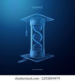 Science and Education concept. DNA and Graduation Cap. Abstract low poly wireframe vector illustration in technology blue on dark background.