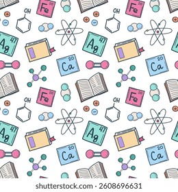 Science education concept seamless pattern. Vector background of chemistry doodles for school.