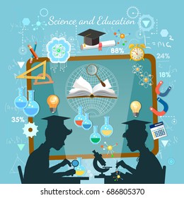 Science and education concept. Silhouette of boy and girl. Children study. Open book of knowledge school background effective modern education template design 