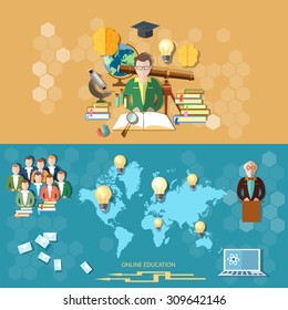 Science and education distance learning professor international students online technology study university teacher college lectures vector banners  