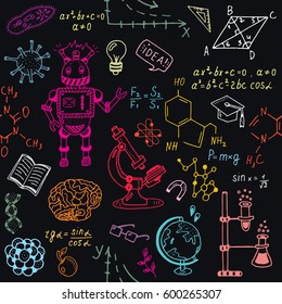 Science education doodle set of Biology, mathematics, physics, chemistry, astronomy, robotic technology, geometry seamless pattern.