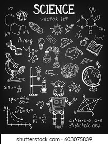 Science education doodle set of Biology, mathematics, physics, chemistry, astronomy, robotic technology, geometry.