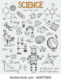 Science education doodle set of Biology, mathematics, physics, chemistry, astronomy, robotic technology, geometry.