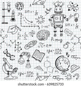Science education doodle set Biology  mathematics  physics  chemistry  astronomy  robotic technology  geometry seamless pattern 