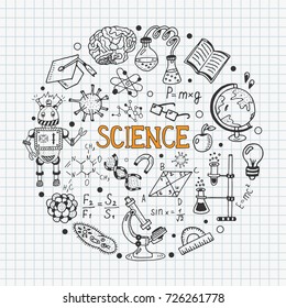 Science education doodle set of Biology, mathematics, physics, chemistry, astronomy, robotic technology, geometry.