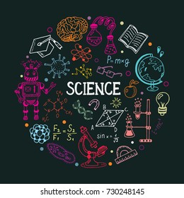 Science education doodle set of Biology, mathematics, physics, chemistry, astronomy, robotic technology, geometry.