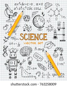 Science education doodle set of Biology, mathematics, physics, chemistry, astronomy, robotic technology, geometry.