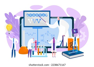 Science education with flat device technology, vector illustration. Online learning, researching with digital book concept.