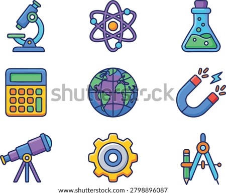 Science and education flat icons set with microscope globe and chemistry flask