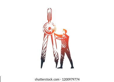 Science, education, graphic, technology, math concept. Hand drawn scientist and divider concept sketch. Isolated vector illustration.