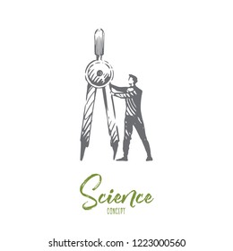 Science, education, graphic, technology, math concept. Hand drawn scientist and divider concept sketch. Isolated vector illustration.