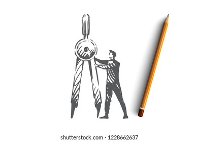 Science, education, graphic, technology, math concept. Hand drawn scientist and divider concept sketch. Isolated vector illustration.