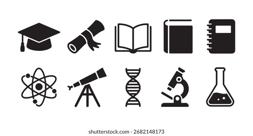 Conjunto de ícones da ciência e da educação Itens de conhecimento e descoberta do estudo