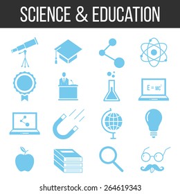 Science and education icons set. Blue icons isolated on white background. Vector illustration.