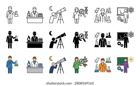 Science and education icons set showing various professions like chemist, biologist, astronomer, and teacher in line, glyph, and color vector styles