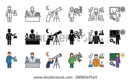 Science and education icons set showing various professions like chemist, biologist, astronomer, and teacher in line, glyph, and color vector styles