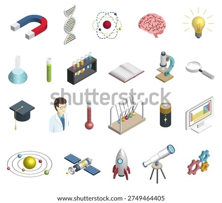 Science and education isometric icons set. Laboratory research and school equipment vector illustration collection
