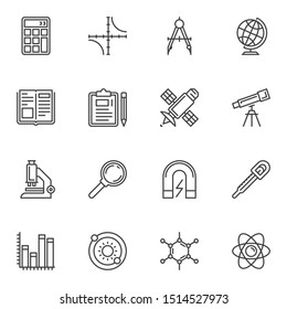 Science and education line icons set. linear style symbols collection, outline signs pack. vector graphics. Set includes icons as math calculator, geography globe, satellite, astronomy telescope, atom