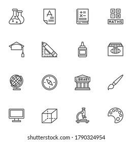 Science & education line icons set, outline vector symbol collection, linear style pictogram pack. Signs logo illustration. Set includes icons as chemistry test, math, graduate hat, library, geography