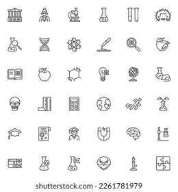 Science and education line icons set. Lab experiment linear style symbols collection, outline signs pack. Chemistry and laboratory vector graphics. Set includes icons as test tube, student, book 