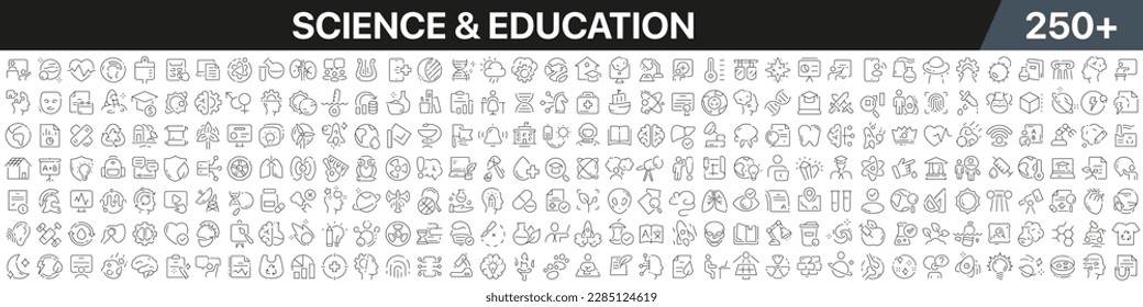 Science and education linear icons collection. Big set of more 250 thin line icons in black. Science and education black icons. Vector illustration