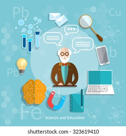 Science and education professor online education theory teacher classroom university college lecture vector illustration  