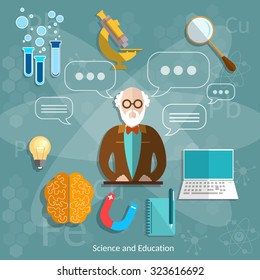 Science and education professor theory teacher international graduation concept university school objects college lecture vector illustration 