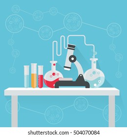 Science education research lab with flasks and laboratory equipment poster vector illustration.