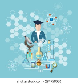 Science and education: scientist teacher research microscope test tubes chemistry physics medicine experiment school study vector illustration  